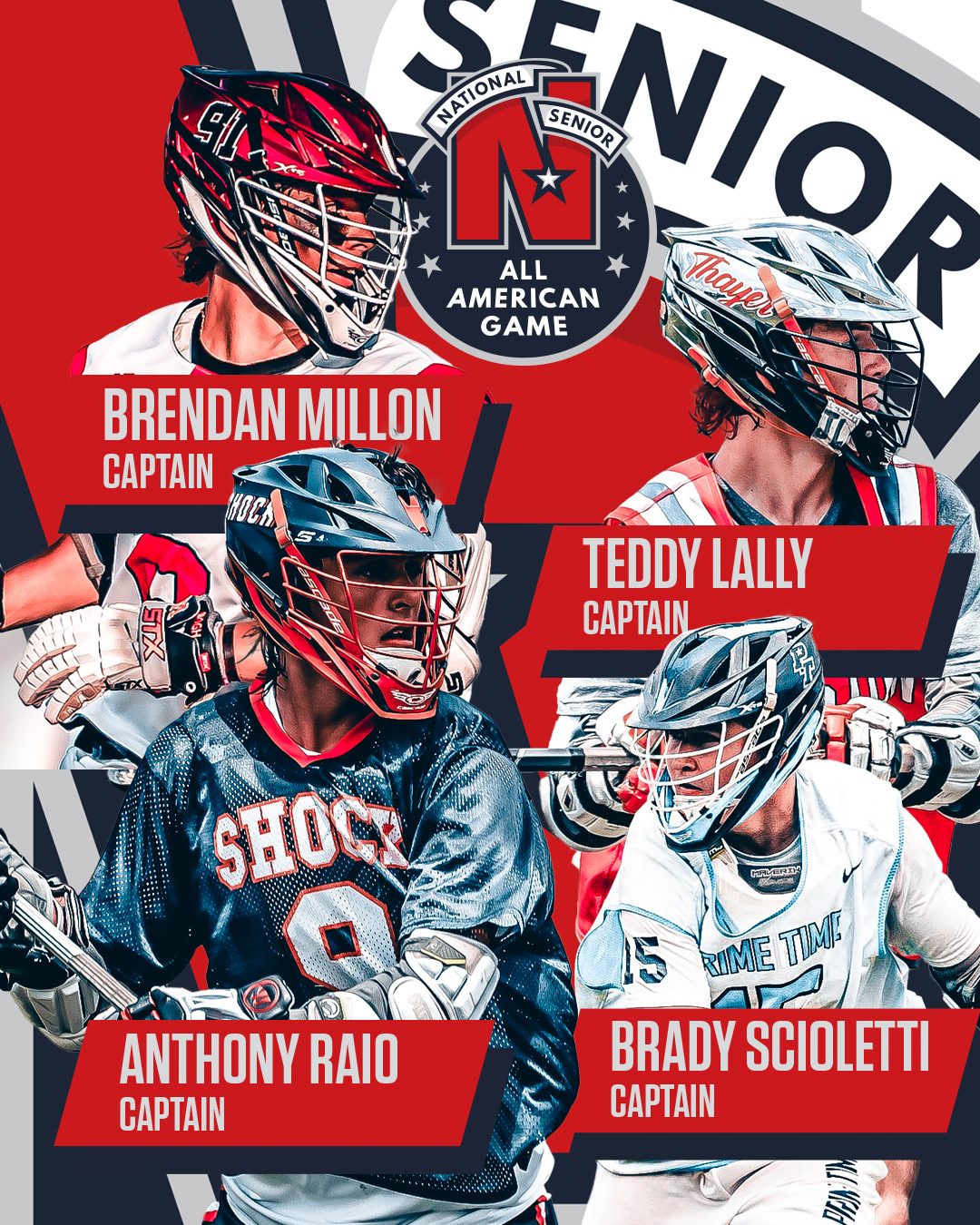 2025 National Senior All-American Game captains: Brendan Millon, Teddy Lally, Anthony Raio and Brady Scioletti